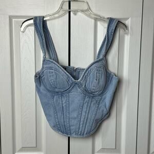 Pretty Little Thing Light Blue Wash Dip Hem Bust Cup Denim Corset 6